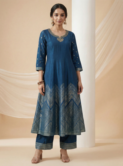 Peacock Blue Silk Embellished Anarkali Suit With Pant And Dupatta