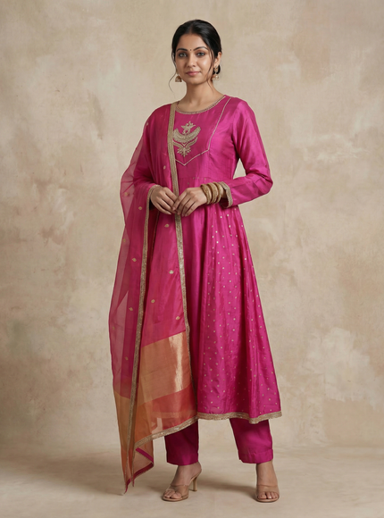 Pink Embellished Silk Anarkali Suit With Pant And Dupatta