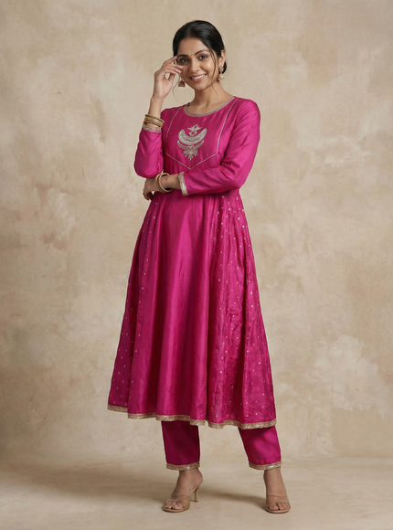 Pink Embellished Silk Anarkali Suit With Pant And Dupatta