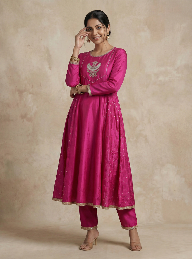 Pink Embellished Silk Anarkali Suit With Pant And Dupatta