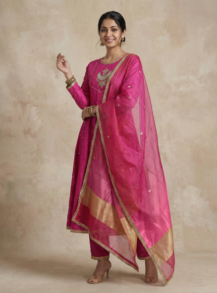 Pink Embellished Silk Anarkali Suit With Pant And Dupatta