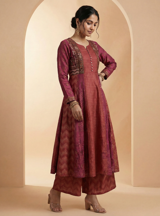 Brown & Dark Pink Silk Anarkali Top With Embroidery & Sharara Pant