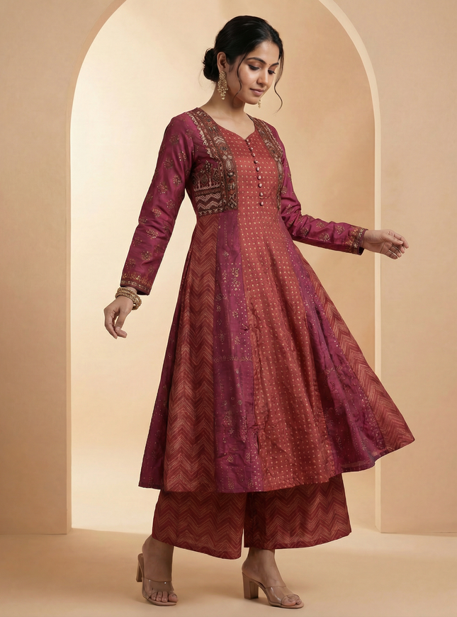 Brown & Dark Pink Silk Anarkali Top With Embroidery & Sharara Pant