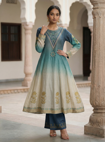 Pastel Blue-Off white Silk Anarkali Suit With Embroidery