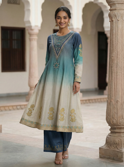 Pastel Blue-Off white Silk Anarkali Suit With Embroidery
