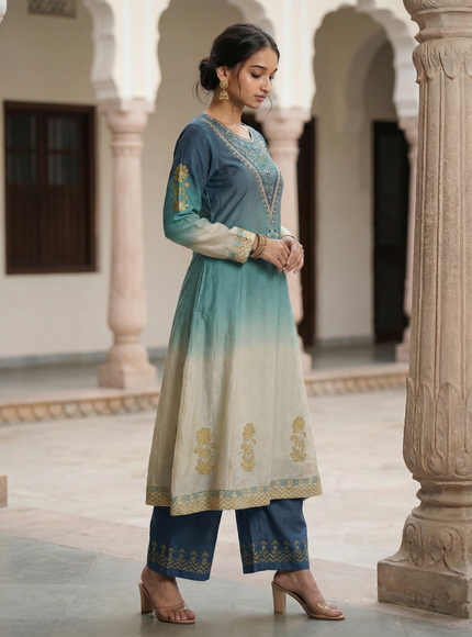 Pastel Blue-Off white Silk Anarkali Suit With Embroidery