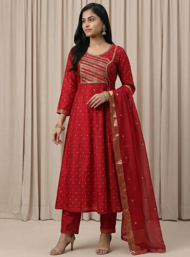 Red Embroidered Silk Salwar Suit With Pant And Dupatta