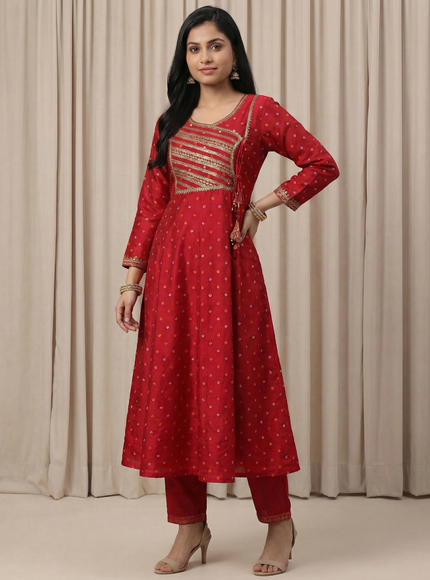 Red Embroidered Silk Salwar Suit With Pant And Dupatta