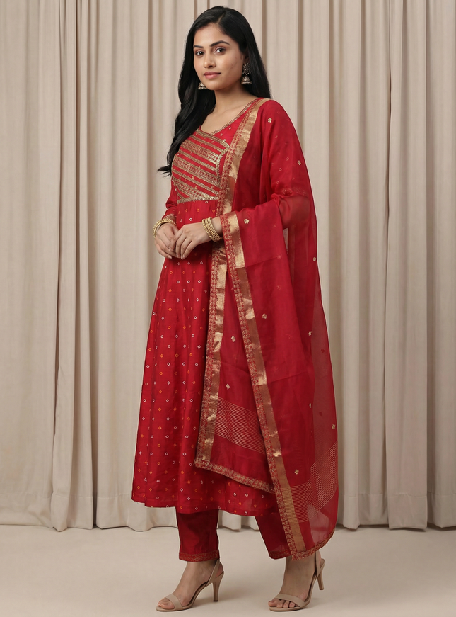 Red Embroidered Silk Salwar Suit With Pant And Dupatta