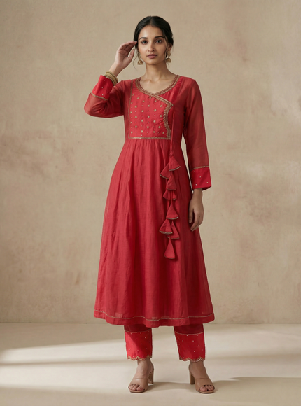 Peach Pink Chanderi Anarkali Suit