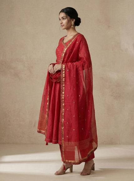 Peach Pink Chanderi Anarkali Suit