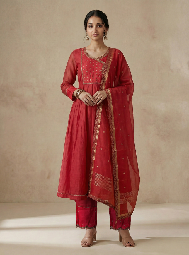 Peach Pink Chanderi Anarkali Suit