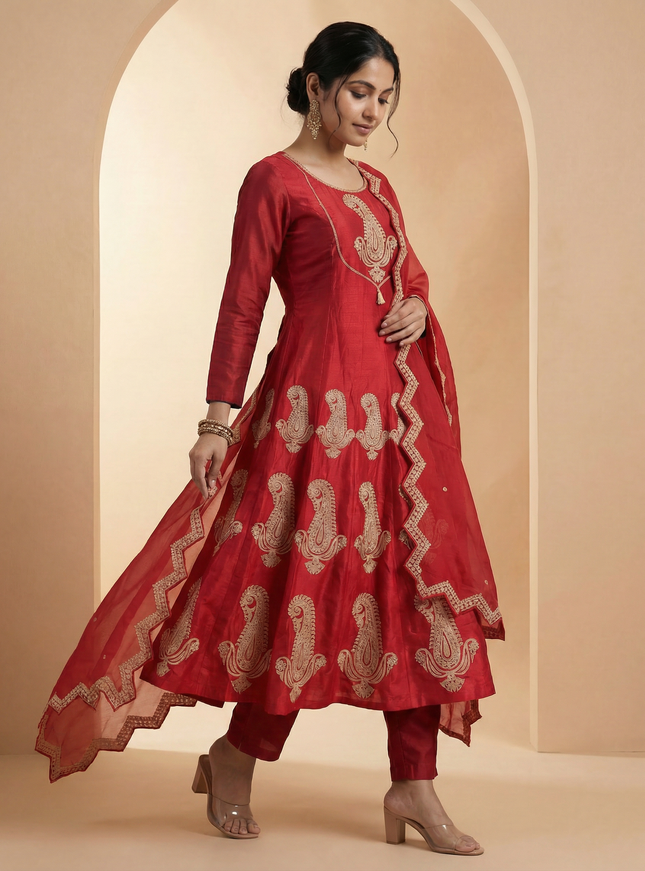 Red Embroidered Silk Anarkali Suit With Pant And Dupatta