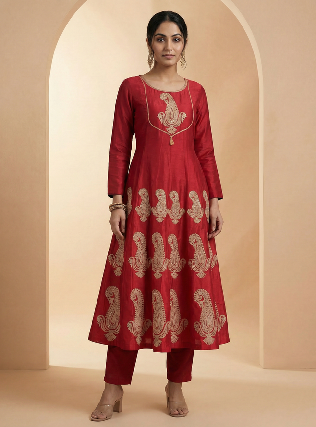Red Embroidered Silk Anarkali Suit With Pant And Dupatta