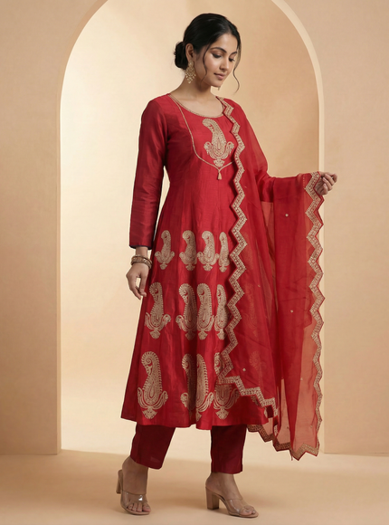 Red Embroidered Silk Anarkali Suit With Pant And Dupatta