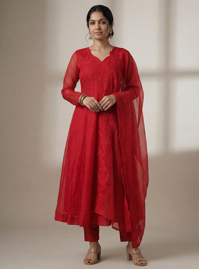 Red Organza Anarakali Suit Intricate Resham Work