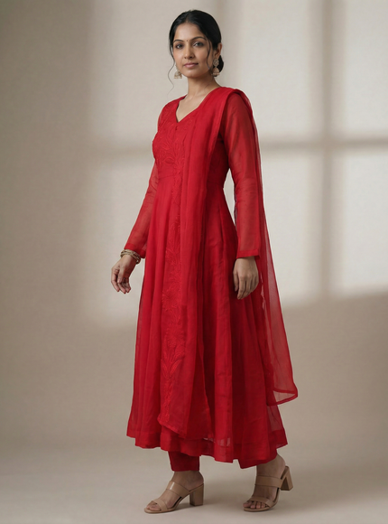 Red Organza Anarakali Suit Intricate Resham Work