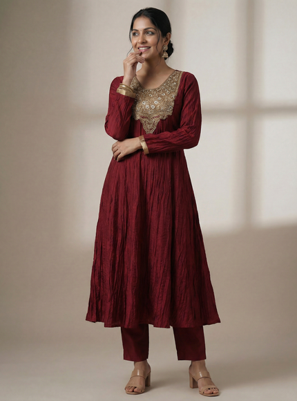 Maroon Embroidered Silk Anarkali Suit With Pant And Dupatta