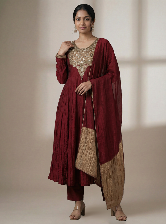 Maroon Embroidered Silk Anarkali Suit With Pant And Dupatta