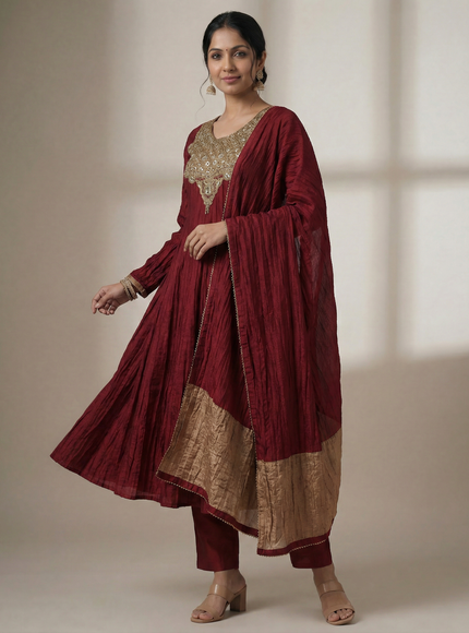 Maroon Embroidered Silk Anarkali Suit With Pant And Dupatta