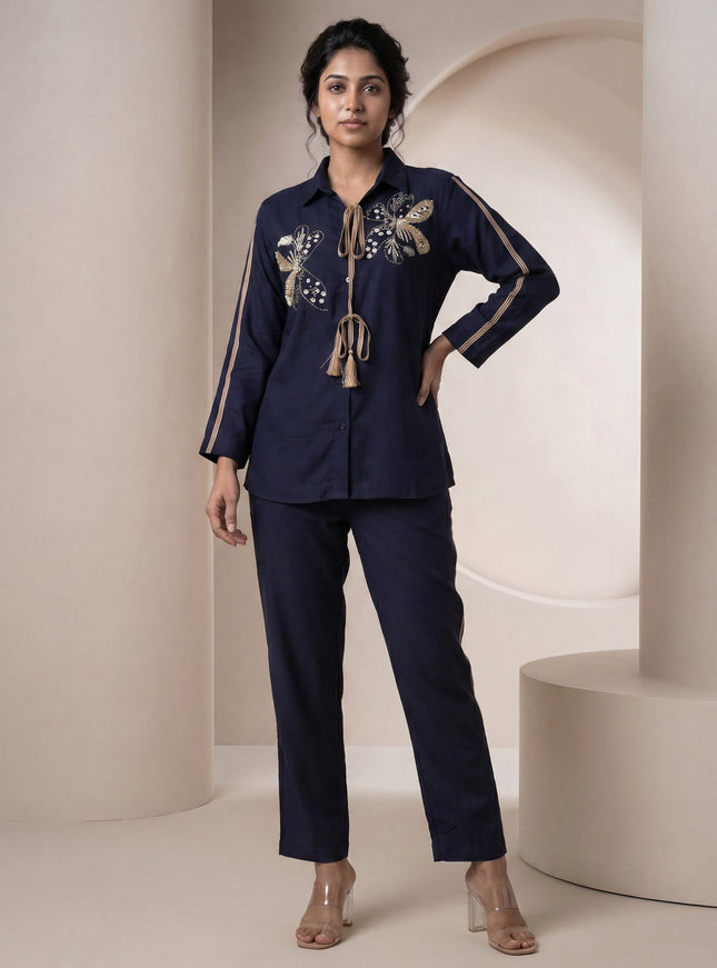 Navy Blue Linen Cotton Co-Ord Set