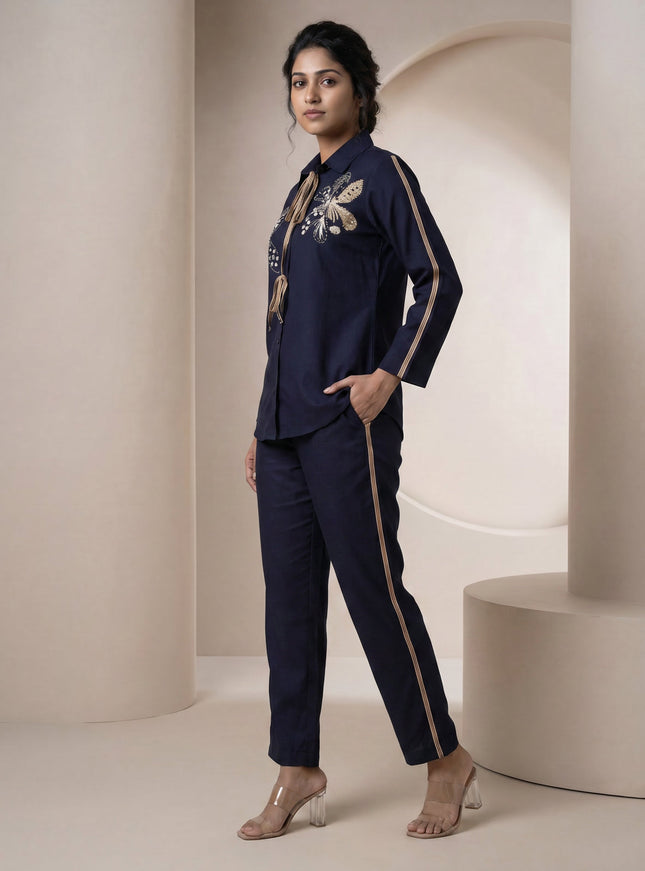 Navy Blue Linen Cotton Co-Ord Set