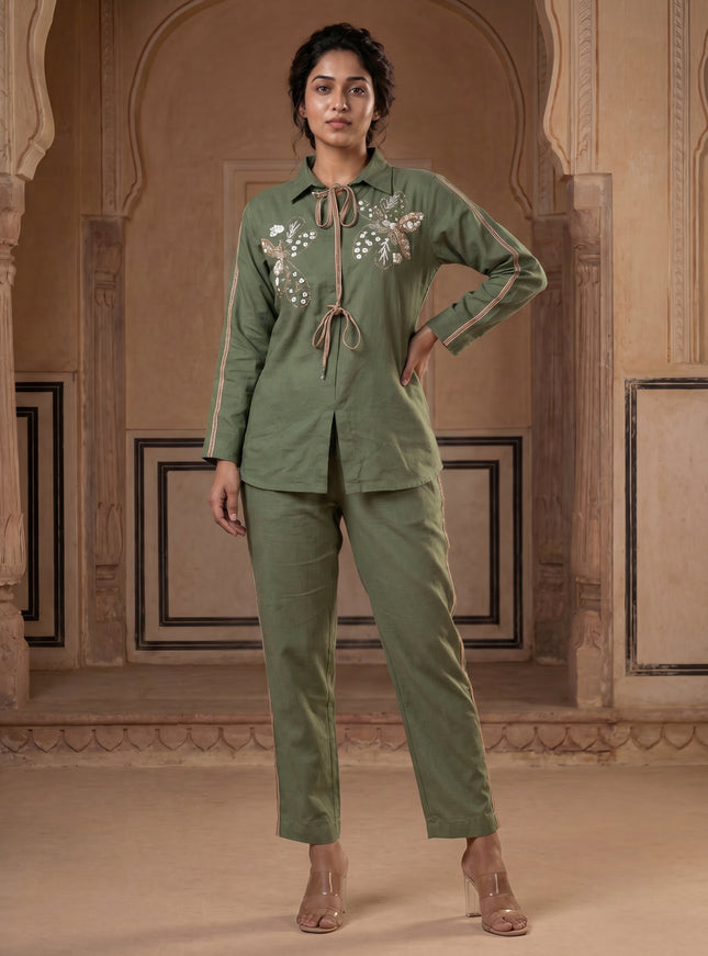 Olive Green Linen Cotton Co-Ort Set
