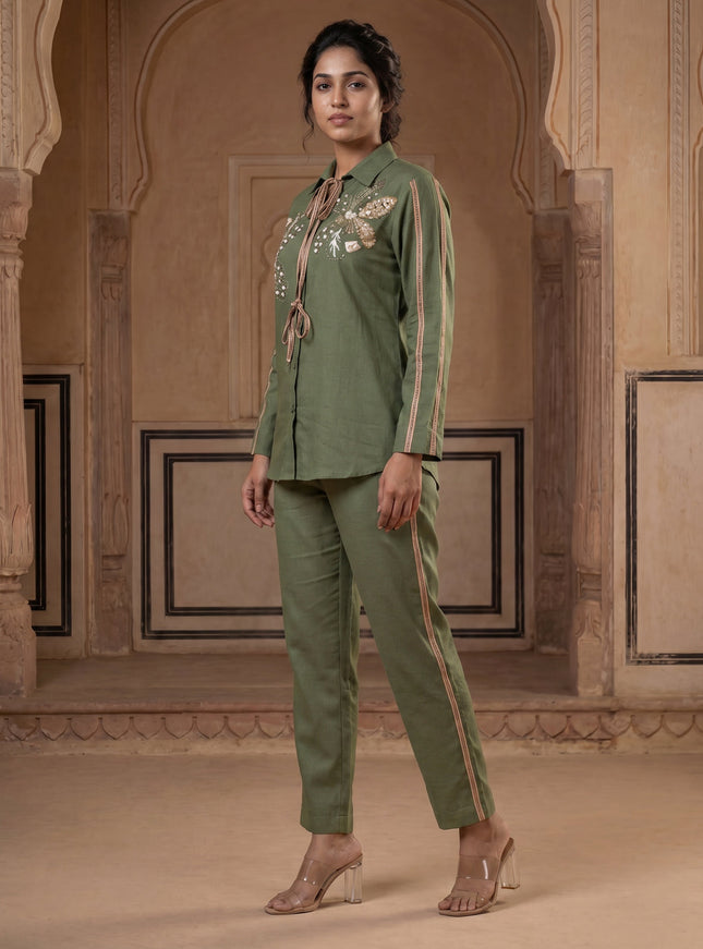 Olive Green Linen Cotton Co-Ort Set