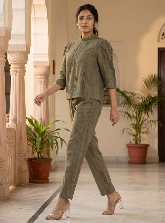 Olive Green Linen Cotton Co-Ord Set