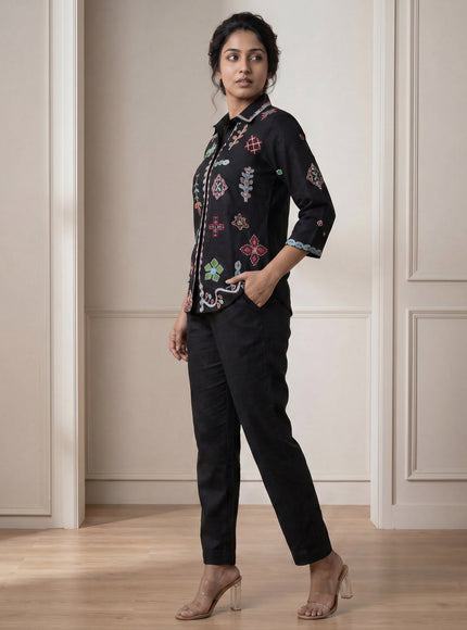 Black Linen Cotton Collared Tunic Top With Multi Colour Embroidery And Straight Cut Pant