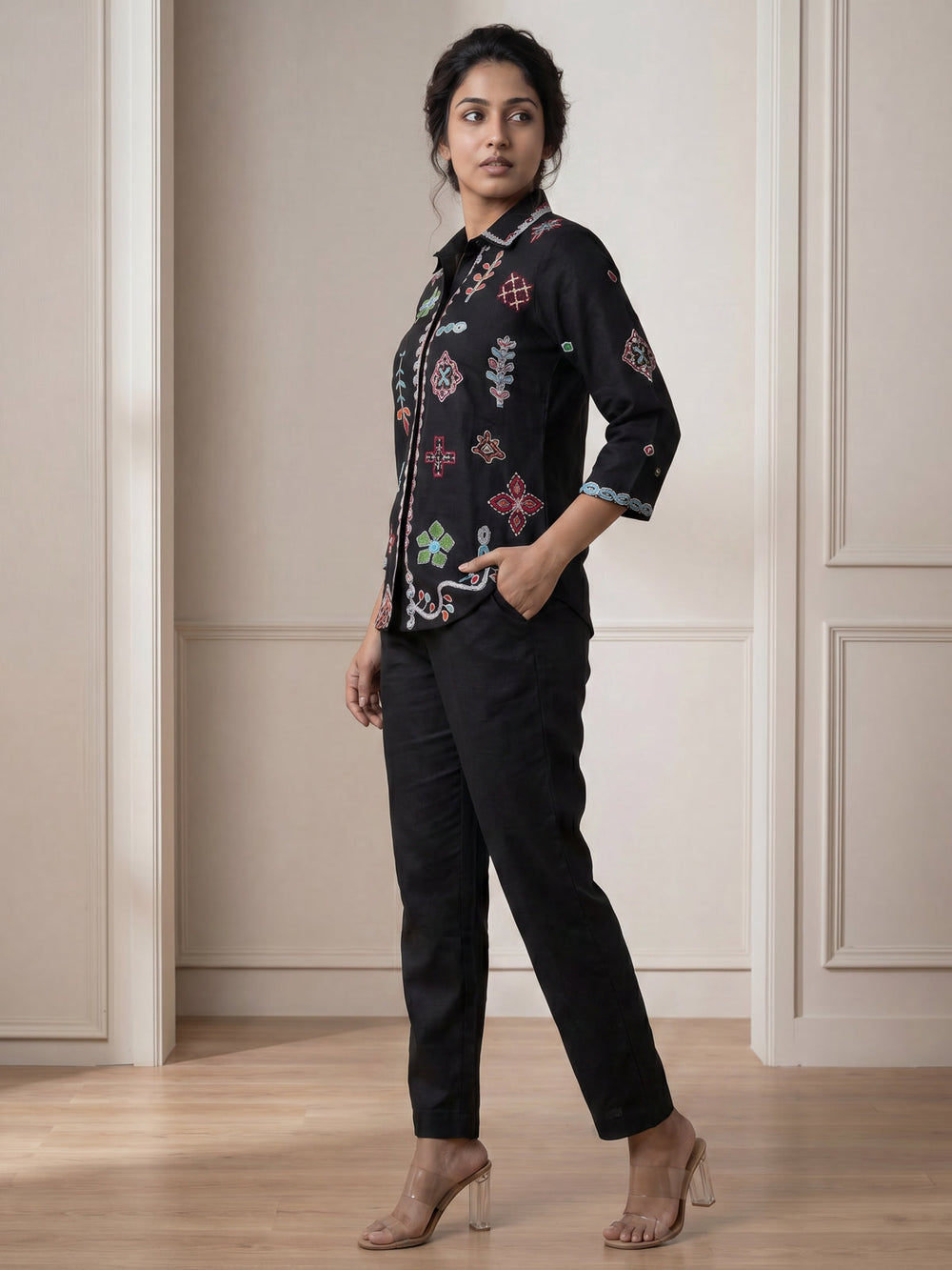 Black Linen Cotton Collared Tunic Top With Multi Colour Embroidery And Straight Cut Pant