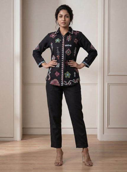 Black Linen Cotton Collared Tunic Top With Multi Colour Embroidery And Straight Cut Pant