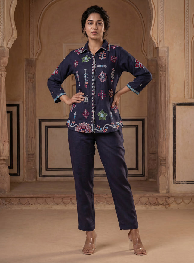 Navy Blue Linen Cotton Collared Tunic Top With Multi Colour Embroidery And Straight Cut Pant