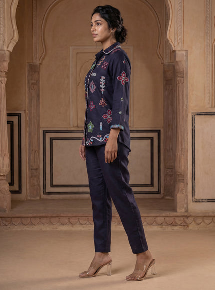 Navy Blue Linen Cotton Collared Tunic Top With Multi Colour Embroidery And Straight Cut Pant