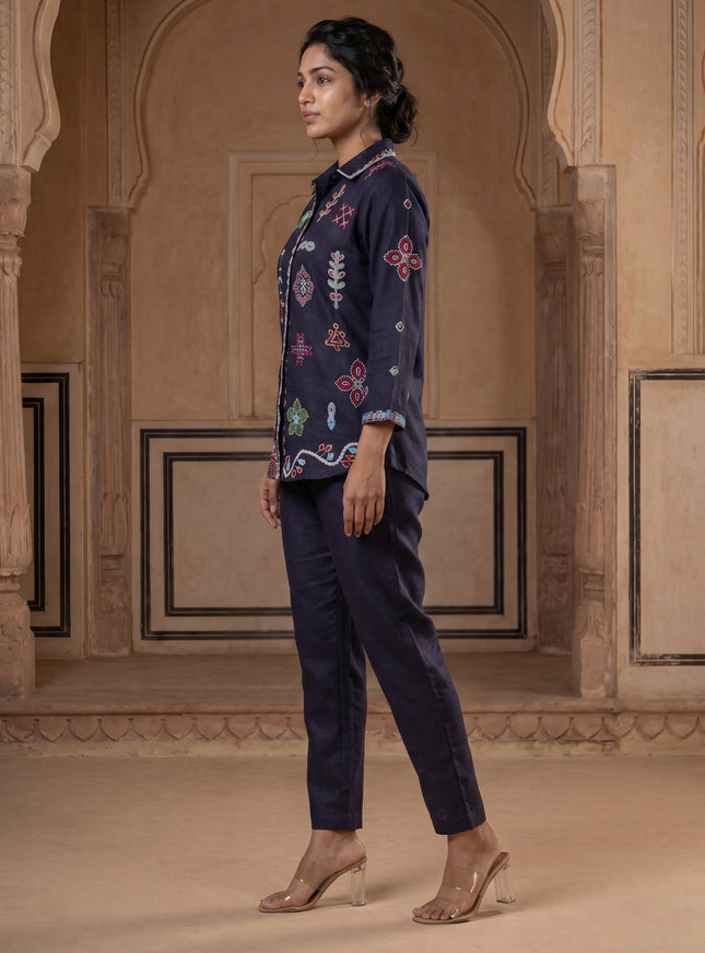 Navy Blue Linen Cotton Collared Tunic Top With Multi Colour Embroidery And Straight Cut Pant