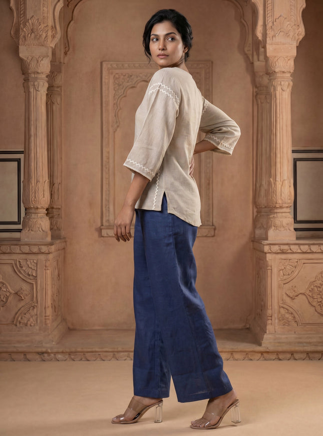 Beige And Blue Linen Cotton Co-Ord Set