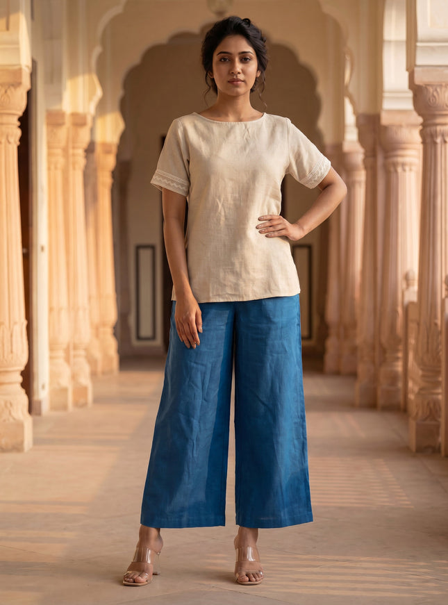 Beige-Cs Blue Linen Cotton Co-Ord Set