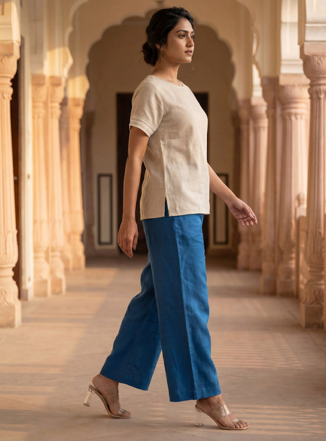 Beige-Cs Blue Linen Cotton Co-Ord Set