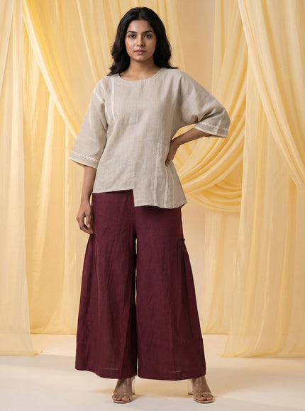 Beige-Maroon Linen Cotton Co-Ord Set