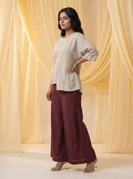 Beige-Maroon Linen Cotton Co-Ord Set
