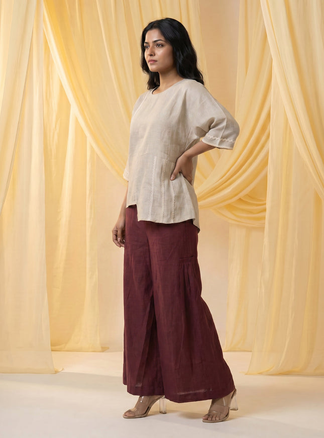 Beige-Maroon Linen Cotton Co-Ord Set