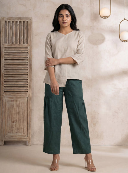 Beige-Bottle Green Linen Cotton Co-Ord Set