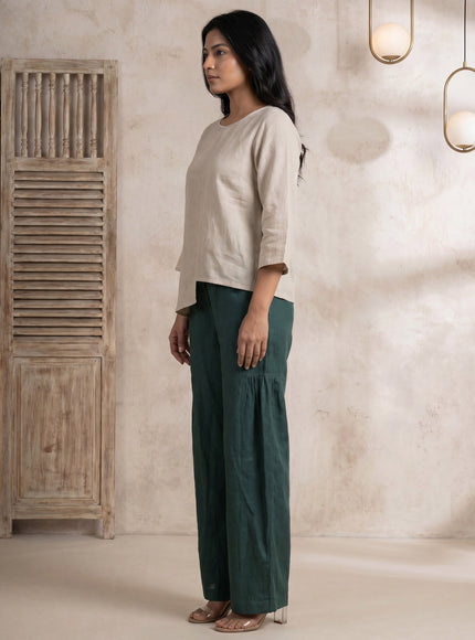 Beige-Bottle Green Linen Cotton Co-Ord Set