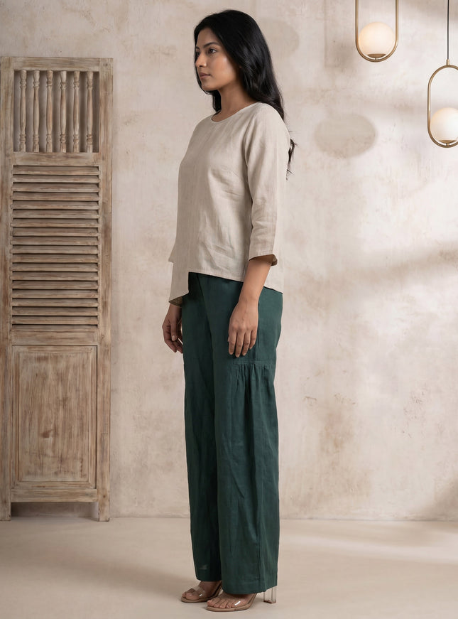 Beige-Bottle Green Linen Cotton Co-Ord Set