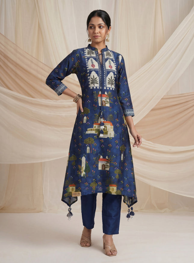 Peacock Blue Muslin Tail cut Kurti and Pant Set