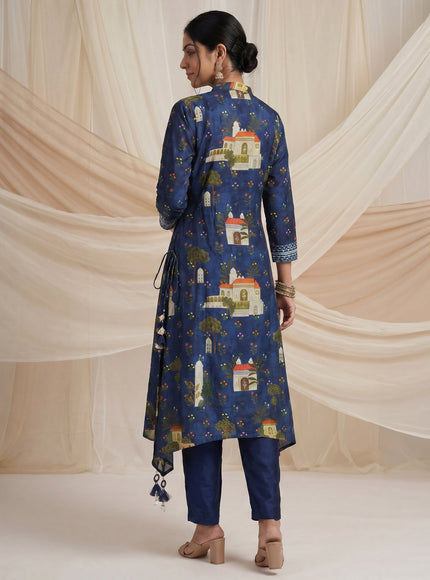 Peacock Blue Muslin Tail cut Kurti and Pant Set