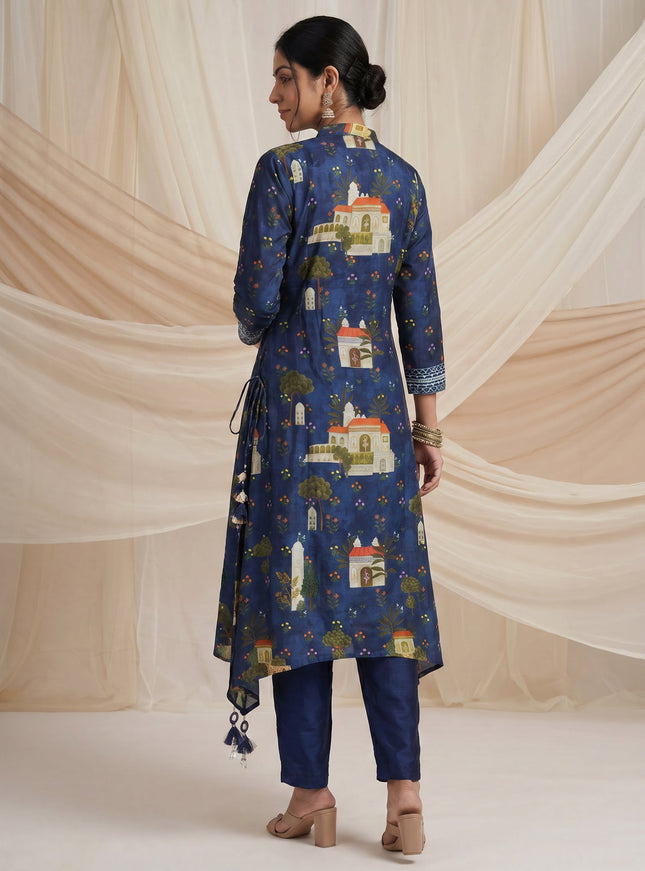 Peacock Blue Muslin Tail cut Kurti and Pant Set