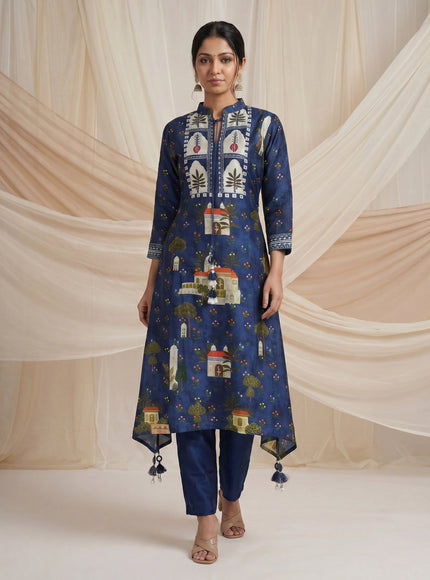 Peacock Blue Muslin Tail cut Kurti and Pant Set
