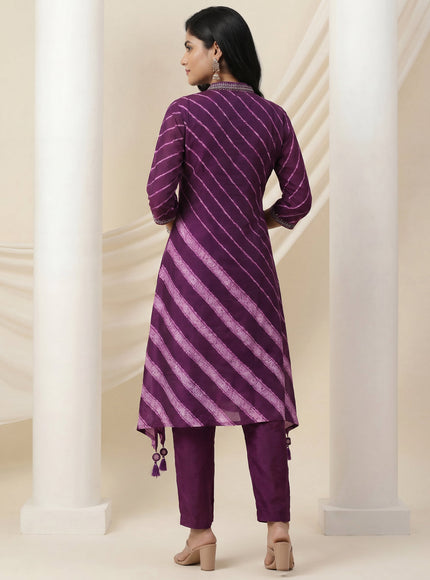 Purple Muslin Tail cut Kurti and Pant Set