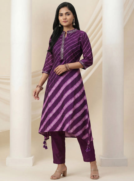 Purple Muslin Tail cut Kurti and Pant Set